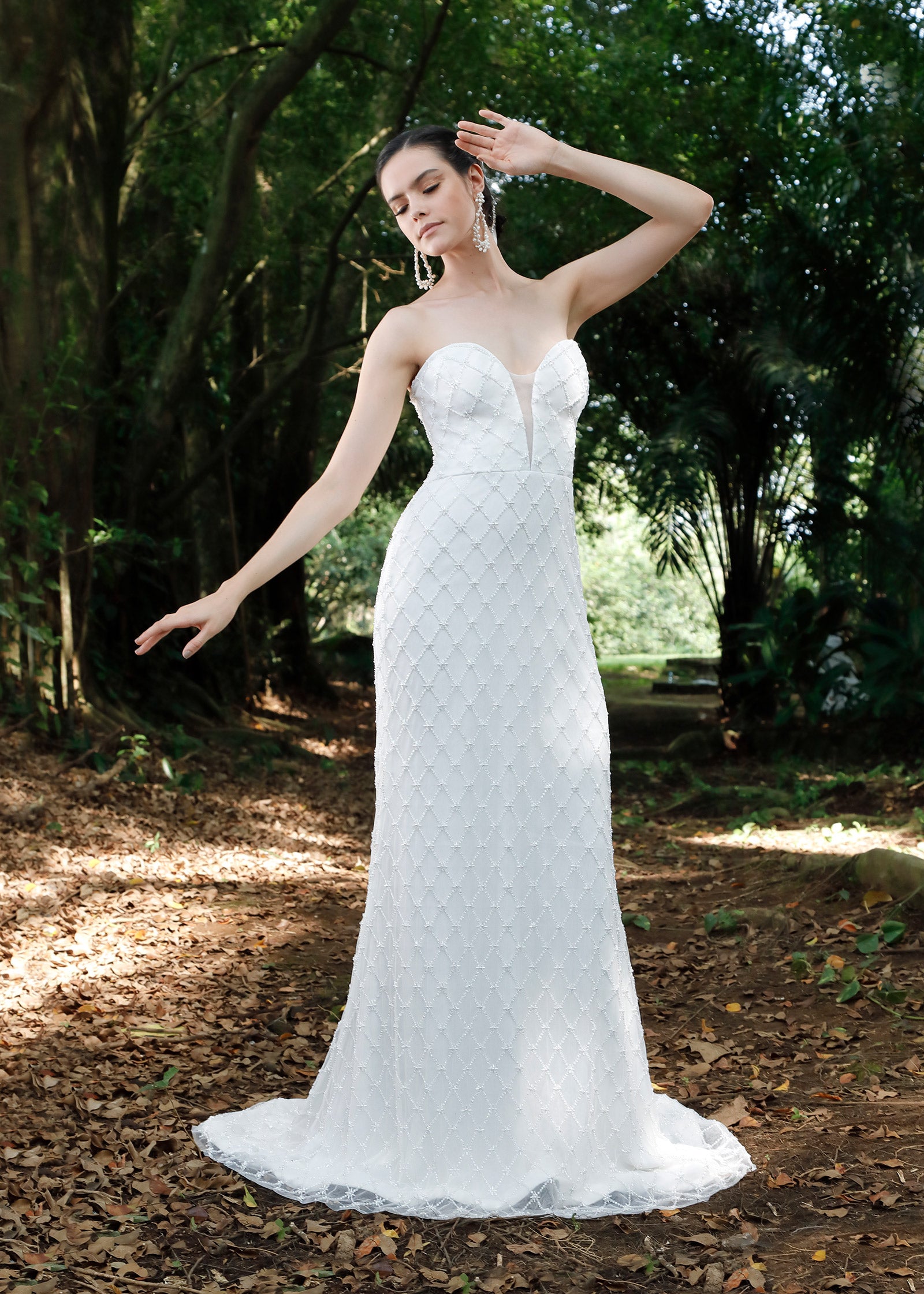 Strapless Sheath Wedding Dress with Geometric Beaded Lotus Threads Bridal