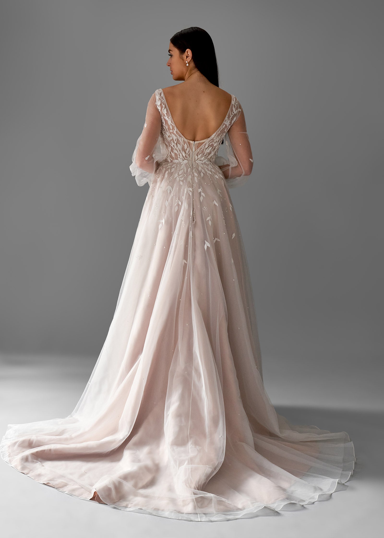 A-line Wedding Dress with Plunge Neckline and Lantern Sleeves - Back