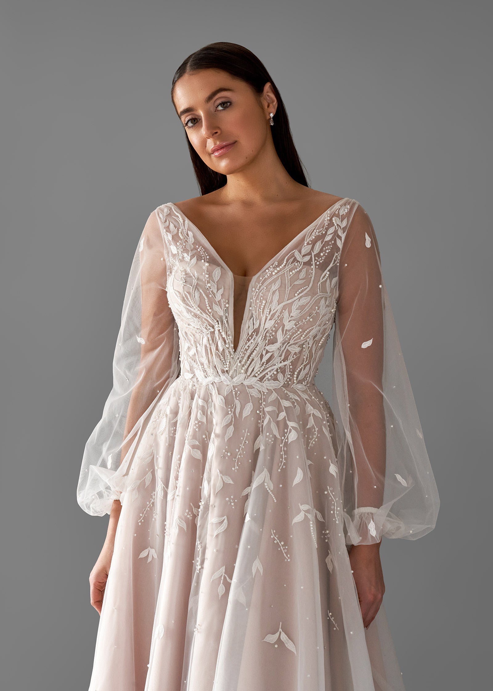 A-line Wedding Dress with Plunge Neckline and Lantern Sleeves | Details | Lotus Threads Bridal