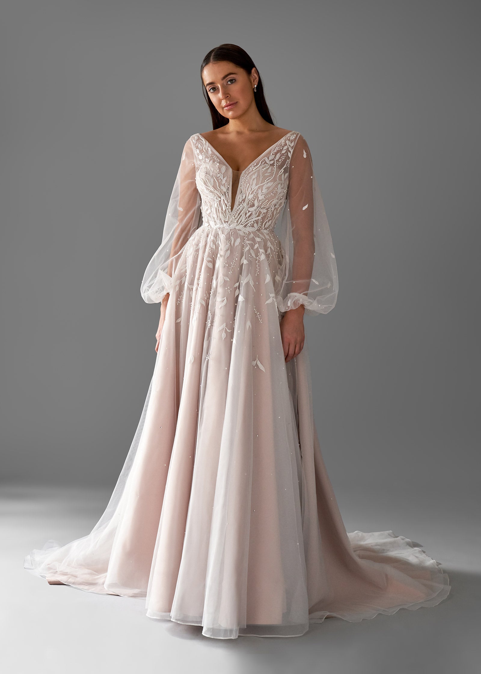 A-line Wedding Dress with Plunge Neckline and Lantern Sleeves | Lotus Threads Bridal