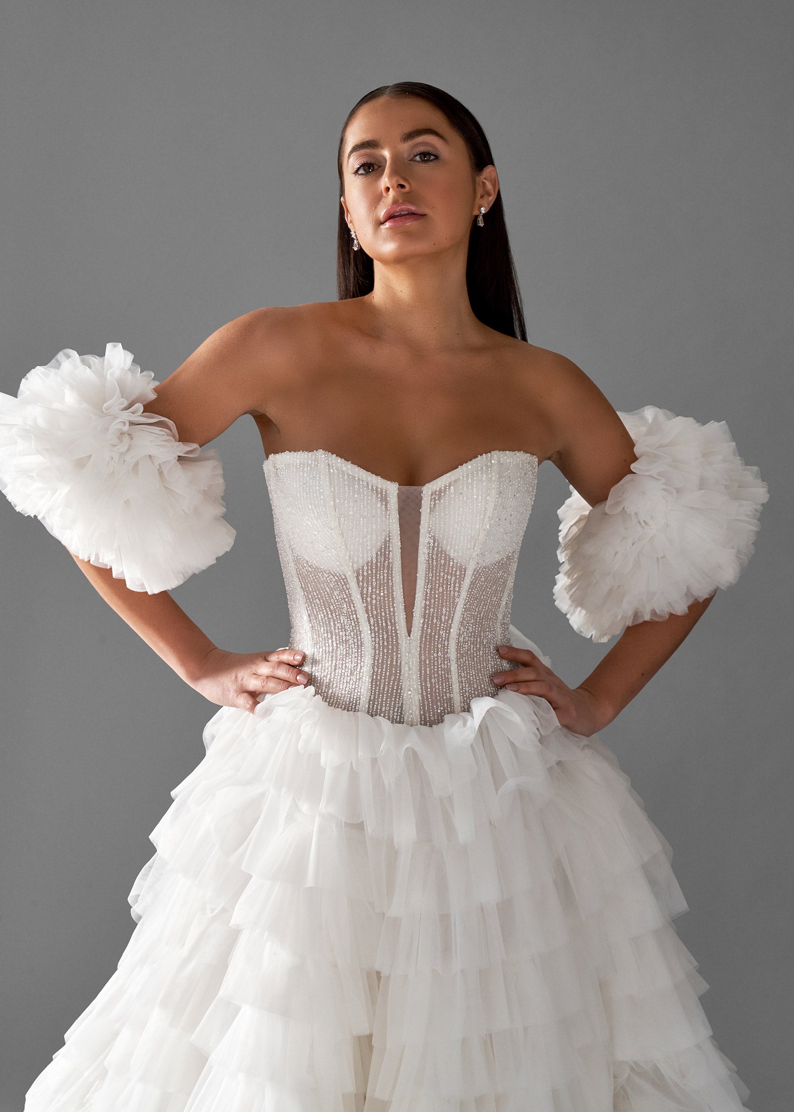 Beaded Corset Gown with Ruffled Skirt and Cathedral Train – Lotus