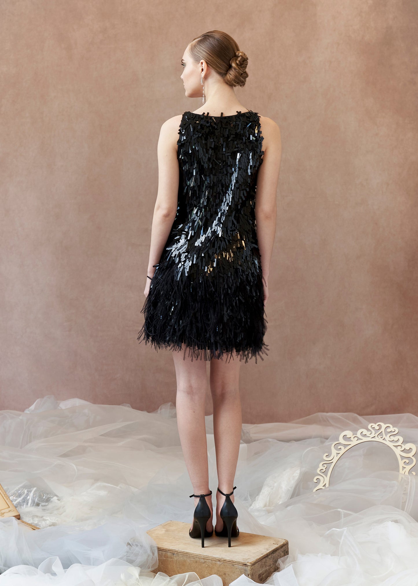 Sequin Short Dress with V-Neck and Feather Details