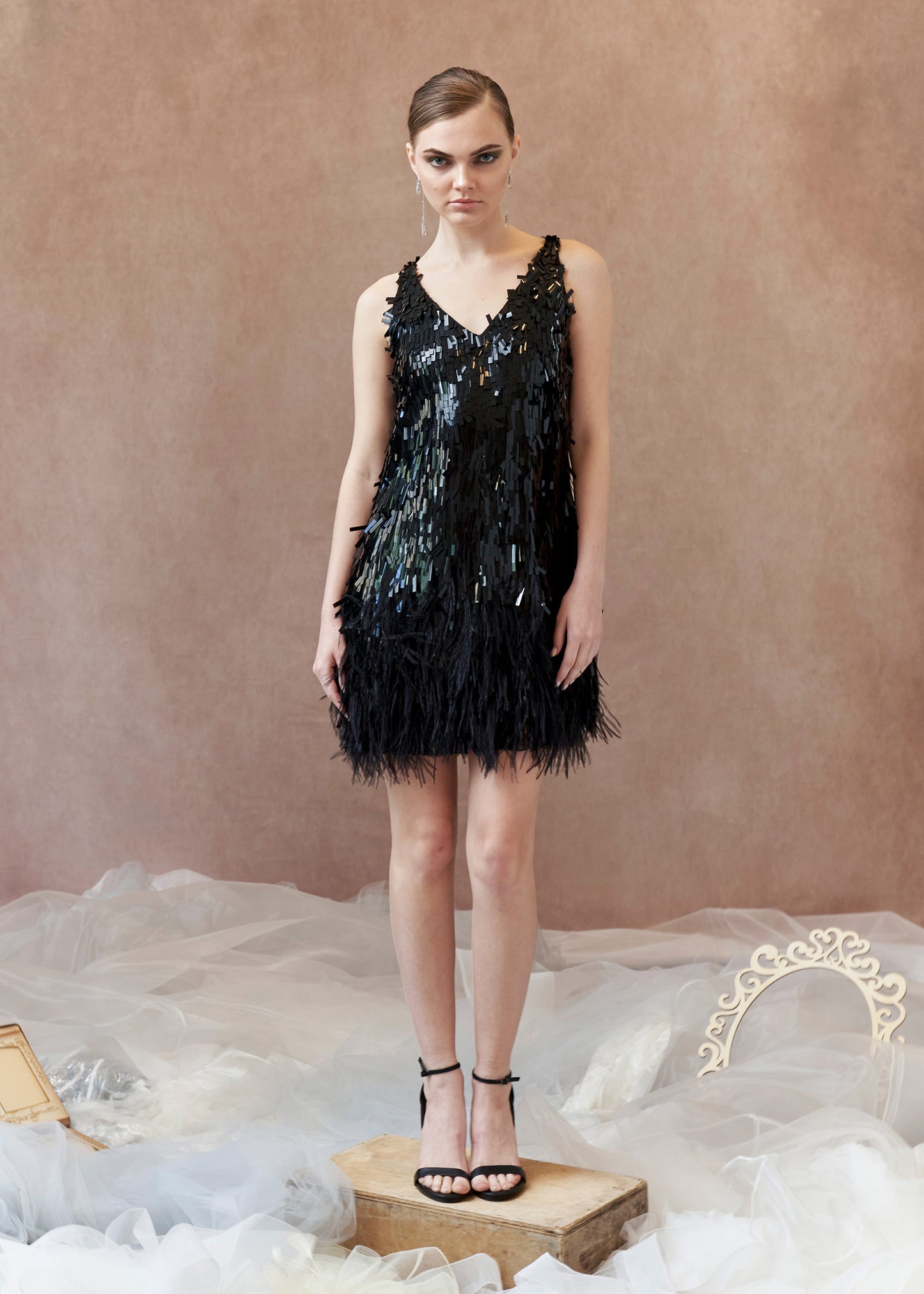 Art Deco Sequin Short Dress with V-Neck and Feather Details | Black | Lotus Threads