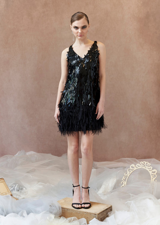 Art Deco Sequin Short Dress with V-Neck and Feather Details | Black | Lotus Threads