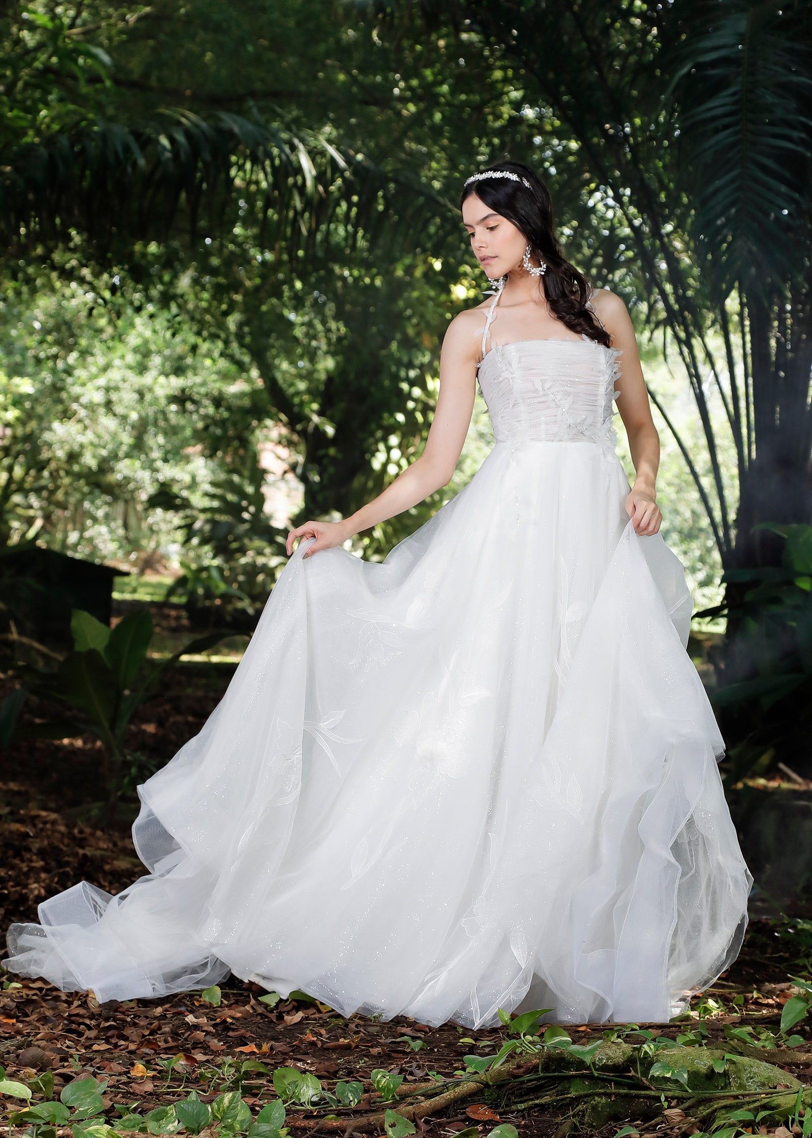 Glittering A-Line Wedding Dress with Sparkle Tulle, 3D Floral & Petals | Lotus Threads Bridal