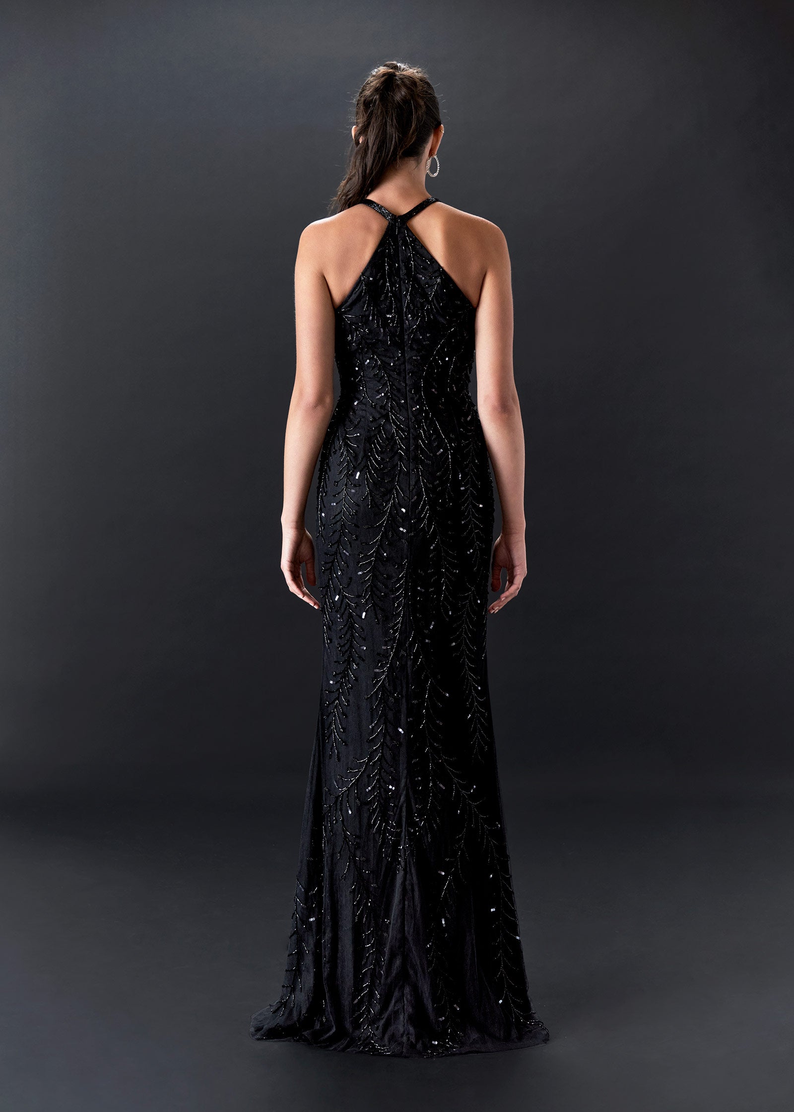 Elegant Black Sheath Gown with Choker Halter Neckline - back | Evening Gown | Lotus Threads