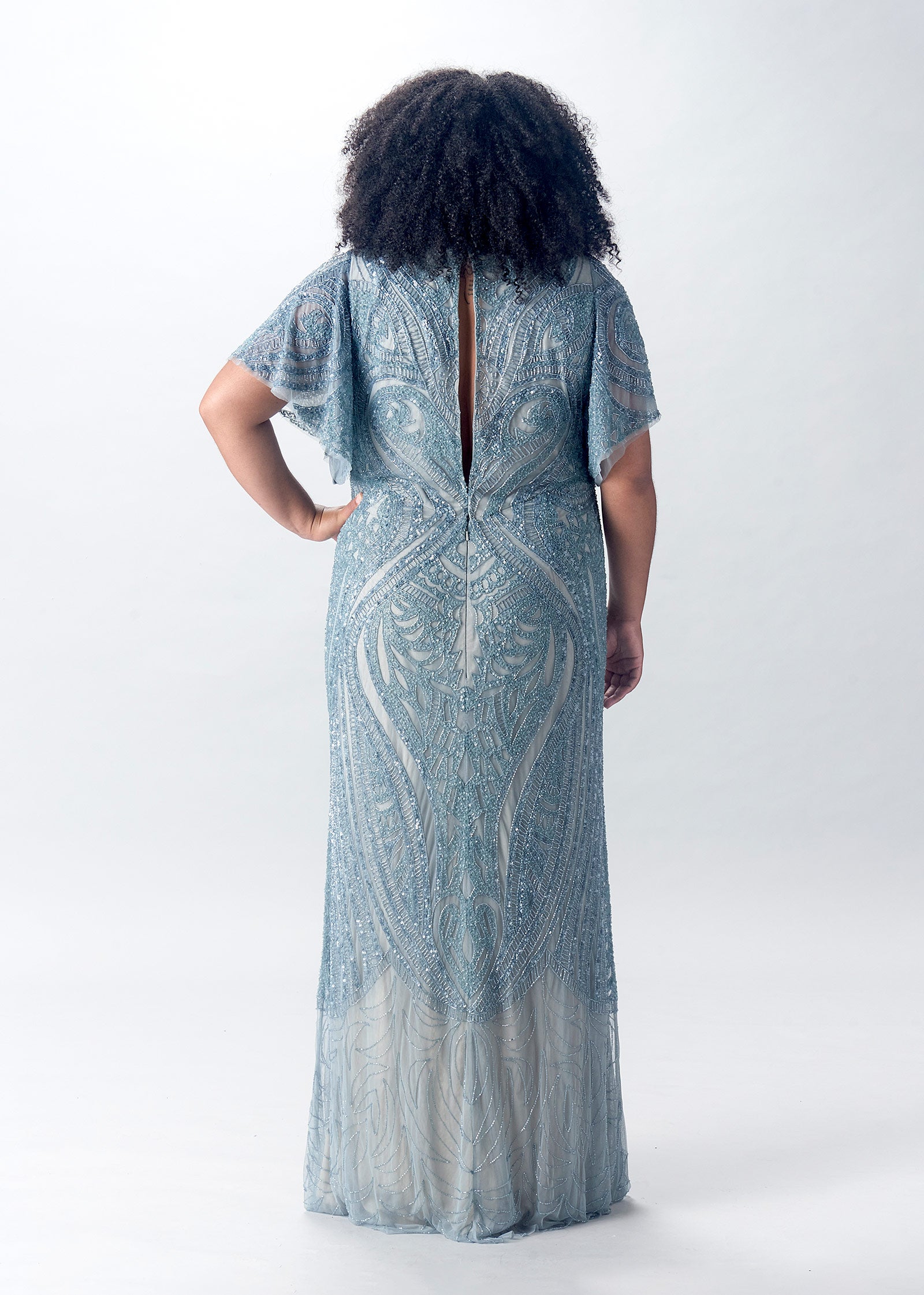 Filigree Encrusted Column Gown wiht Flutter Sleeves | Glasse Evening Gown | Lotus Threads