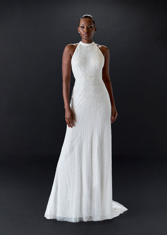 Hand-Embellished Sheath Gown with Halter Neckline | Lotus Threads Bridal