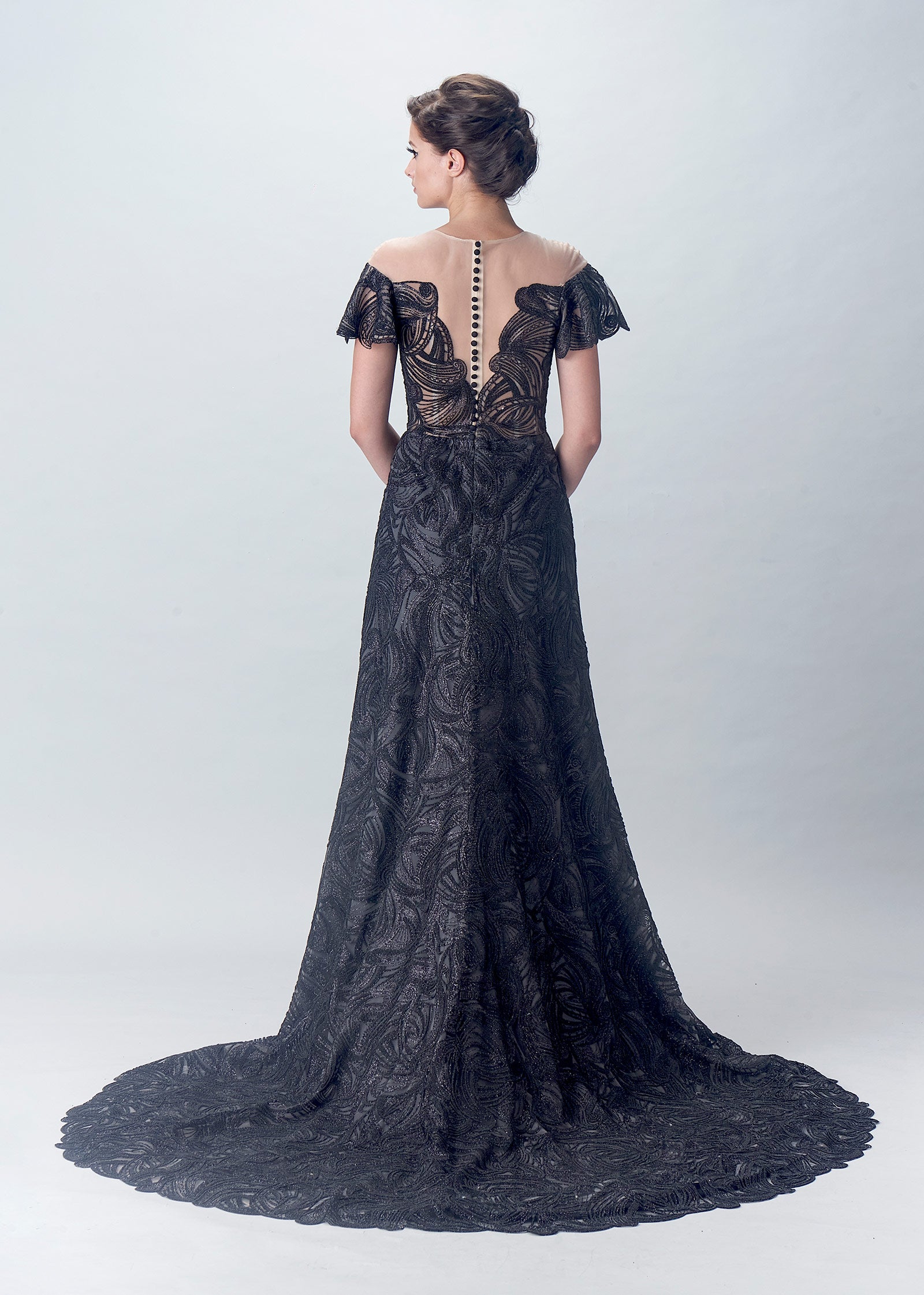 Off-Shoulder Caviar Beaded Lace A-Line Gown | Black Evening Gown | Lotus Threads