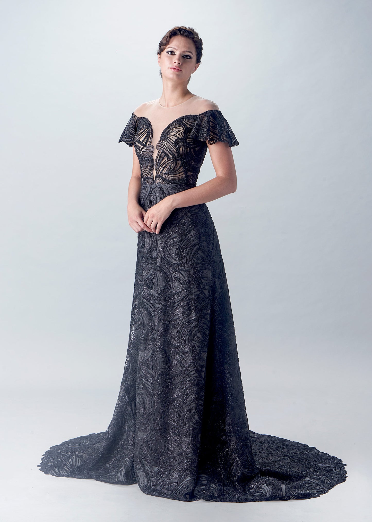 Off-Shoulder Caviar Beaded Lace A-Line Gown | Black Evening Gown | Lotus Threads