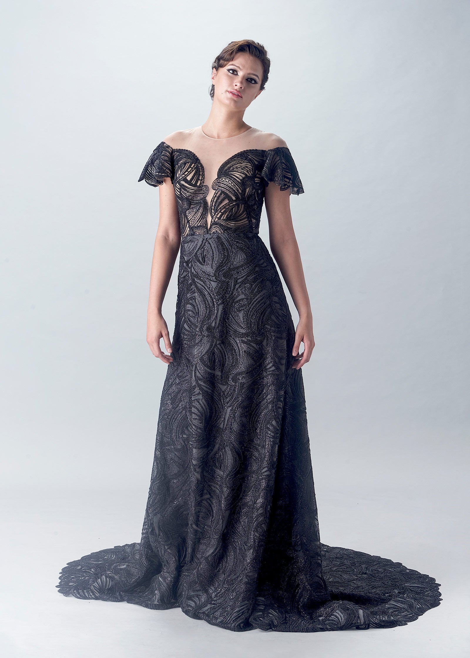 Off-Shoulder Caviar Beaded Lace A-Line Gown | Black Evening Gown | Lotus Threads