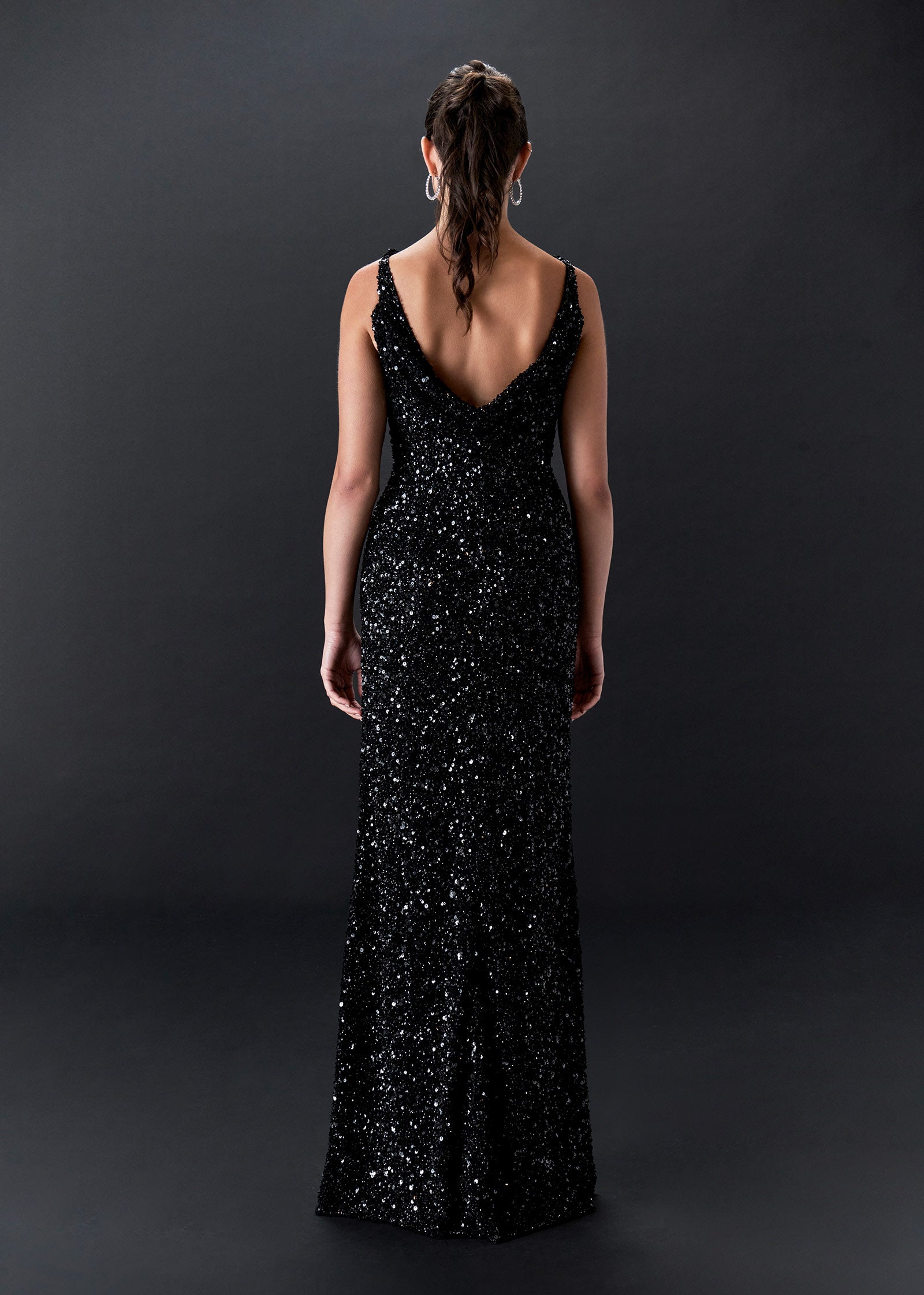 Black Sequin Sheath Gown with Front & Back Cowl-Neck | Evening Gown