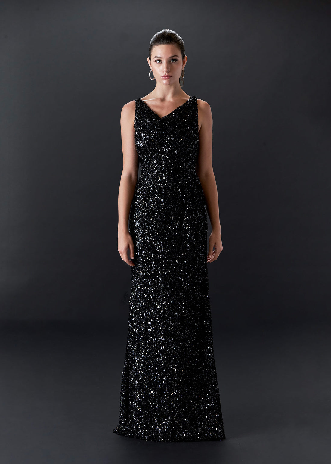 V-Neck Floor-Length Sheath Gown with Crystal Cuffs Black main image 1
