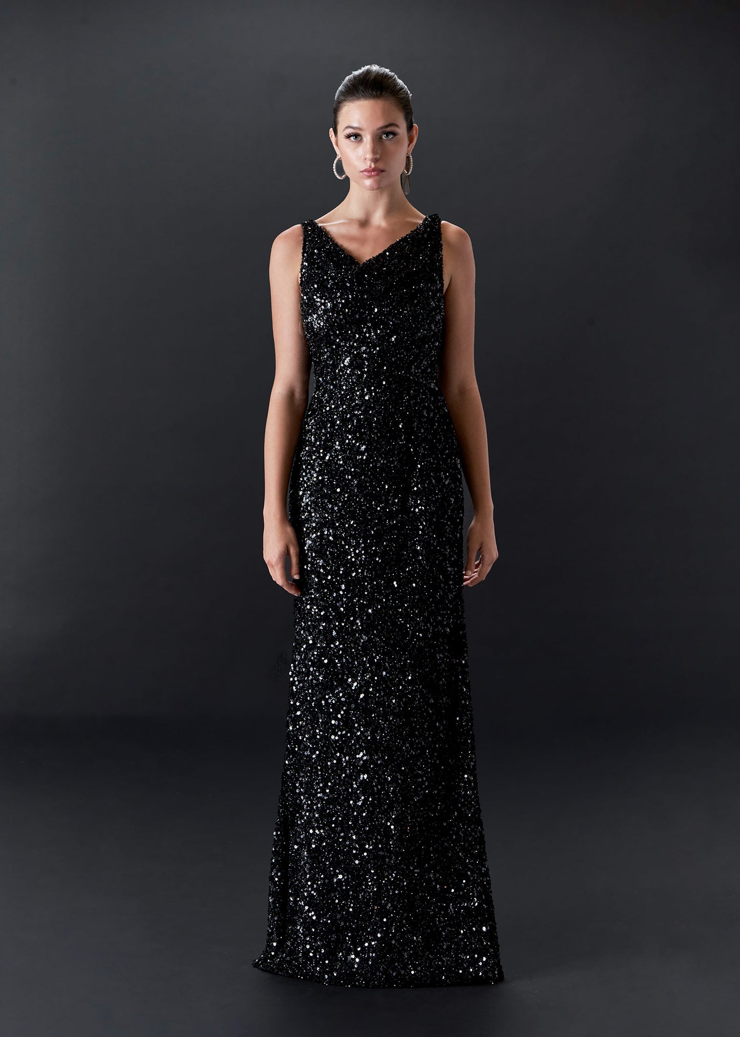 Black Sequin Sheath Gown with Front & Back Cowl-Neck | Evening Gown | Lotus Threads