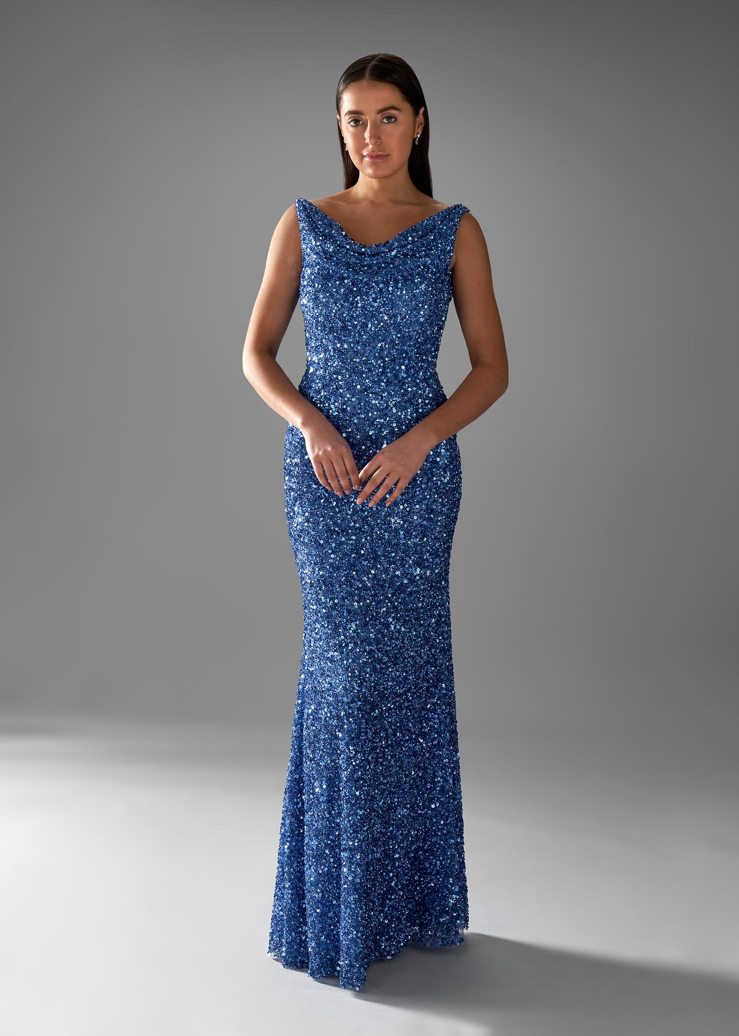 Blue Sequin Sheath Gown with Front & Back Cowl-Neck | Evening Gown | Lotus Threads