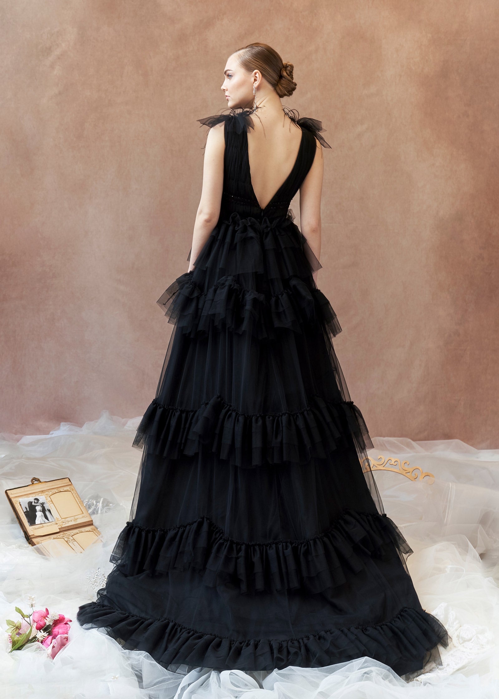 Black Deep V-Neck Tulle Ball Gown with Cascading Layered Ruffles - Back