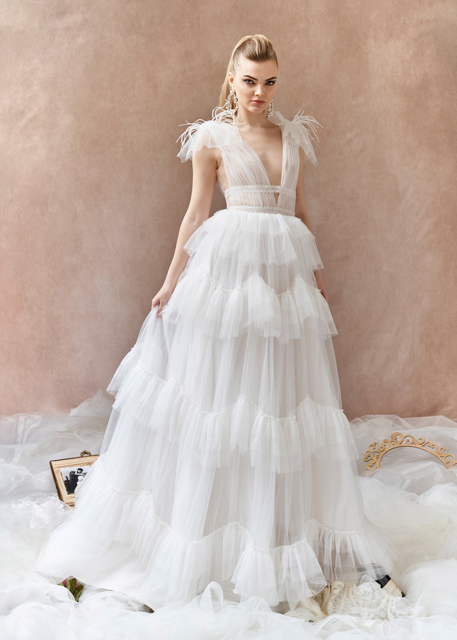 Deep V-Neck Tulle Ball Gown with Cascading Layered Ruffles | Lotus Threads Bridal