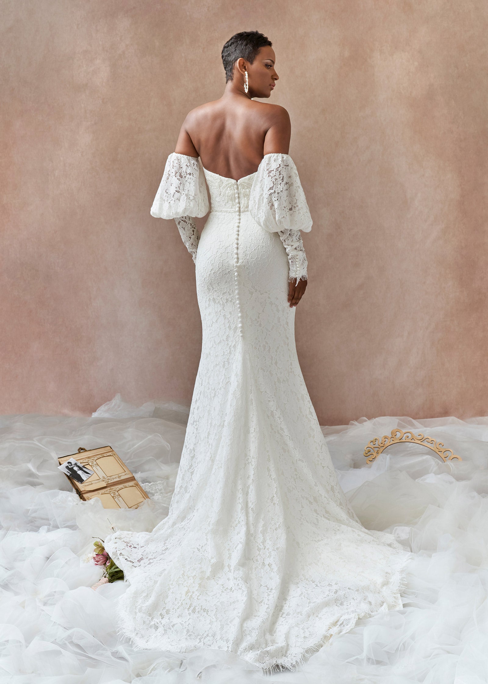 French Lace Mermaid Gown with Removable Juliette Sleeves - Back