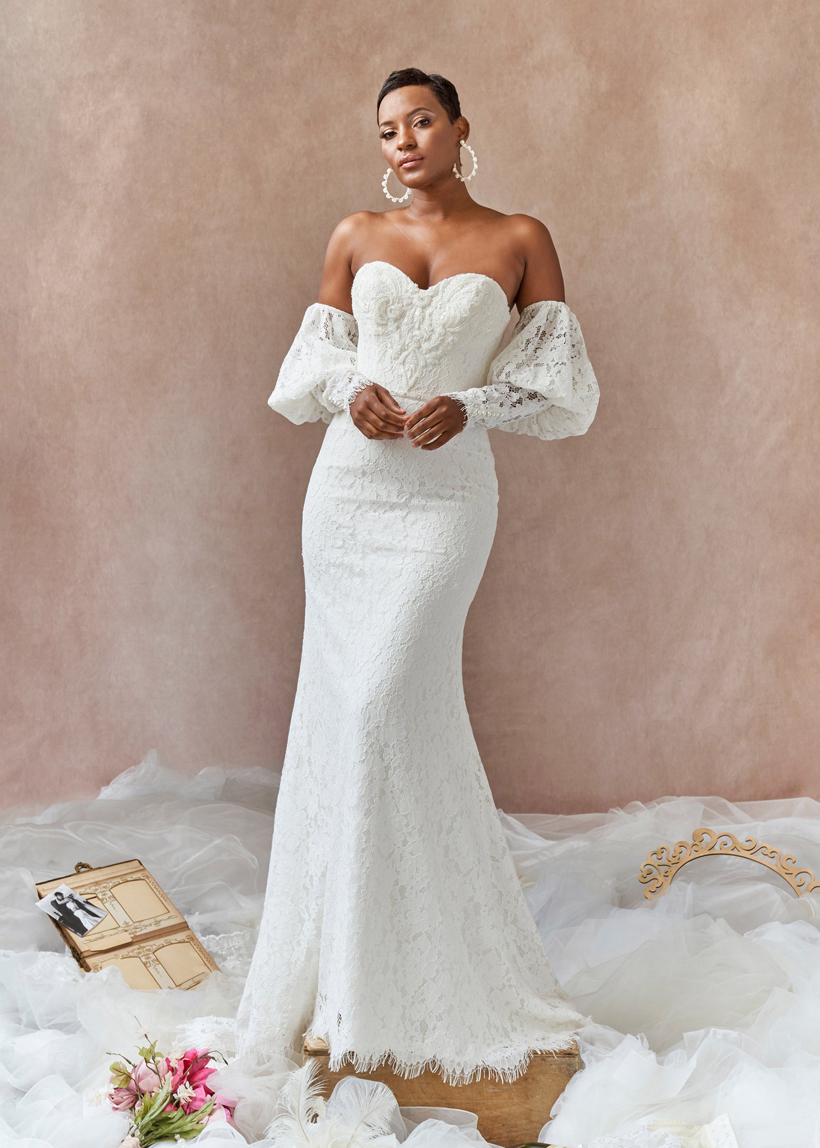 French Lace Mermaid Gown with Removable Juliette Sleeves