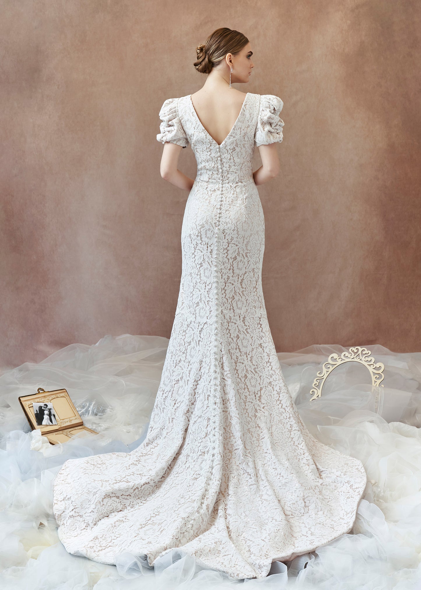 Lace Mermaid Wedding Dress with V-neck and Shirred Sleeves - Back | Lotus Threads Bridal