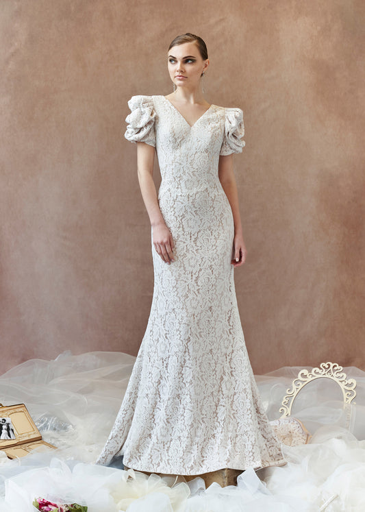 Lace Mermaid Wedding Dress with V-neck and Shirred Sleeves | Lotus Threads Bridal