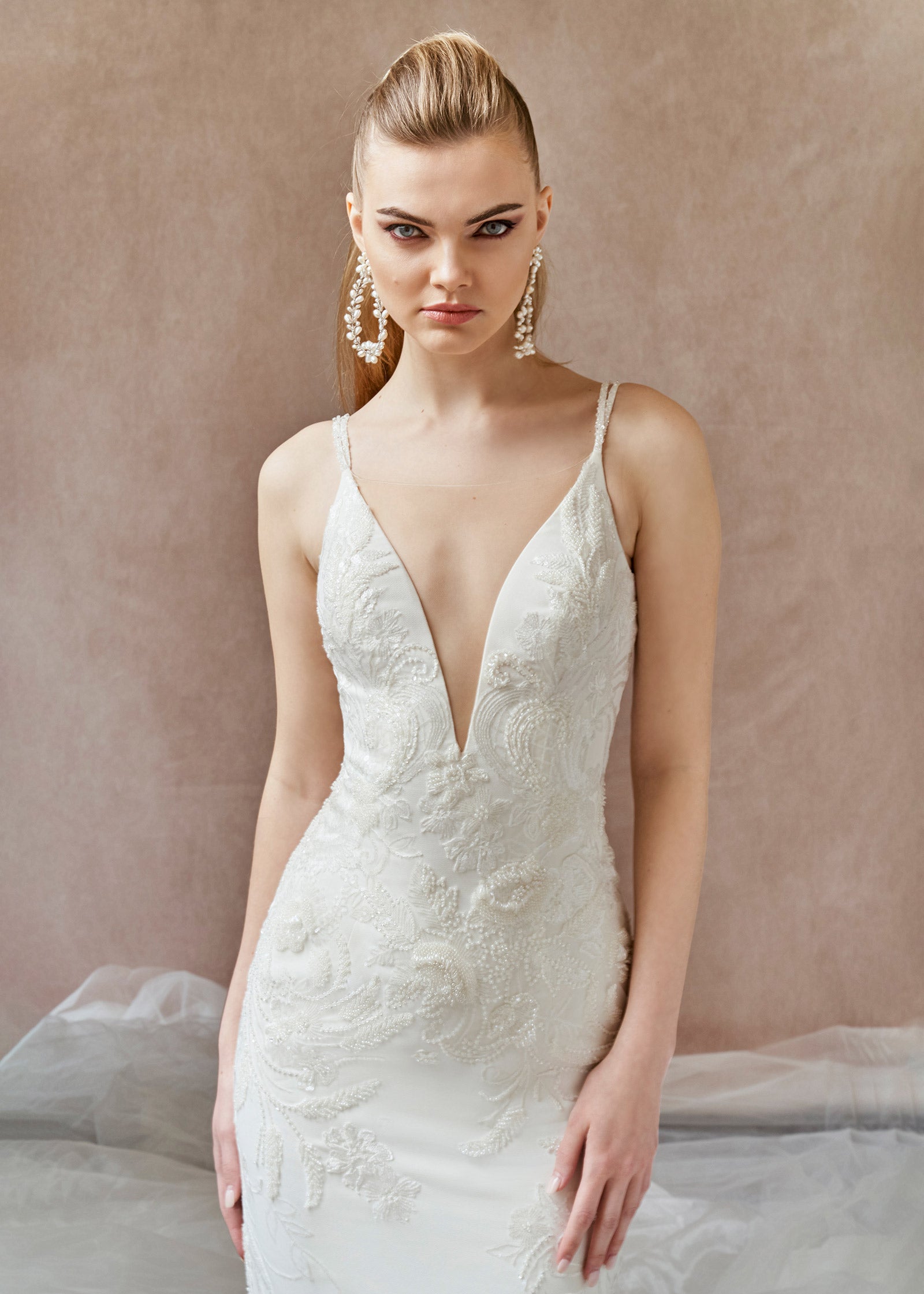 Deep V-Neck Crepe Mermaid Wedding Dress with Crystal Floral Appliqué - Details | Lotus Threads Bridal