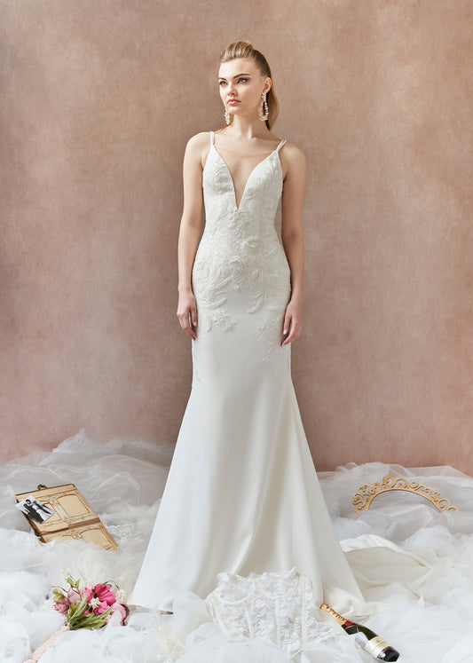 Deep V-Neck Crepe Mermaid Gown with Crystal Floral Appliqué | Lotus Threads Bridal