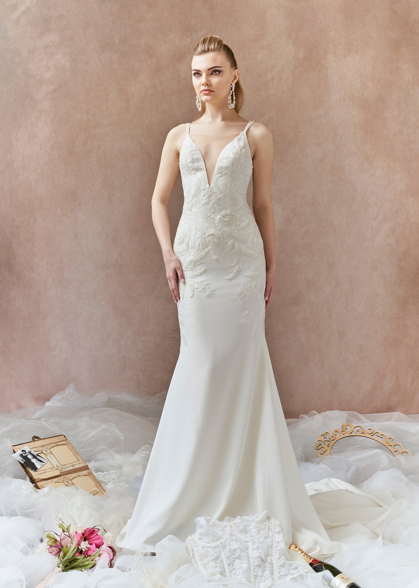 Deep V-Neck Crepe Mermaid Gown with Floral Appliqué – Lotus Threads Bridal