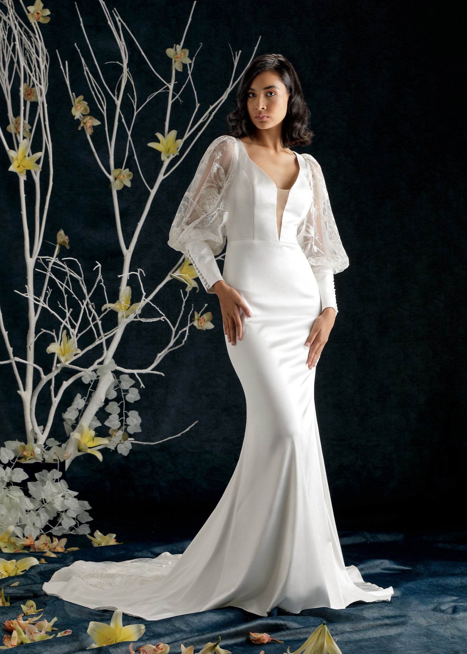 Satin Mermaid Gown with Deep V Neckline and Bishop Sleeves