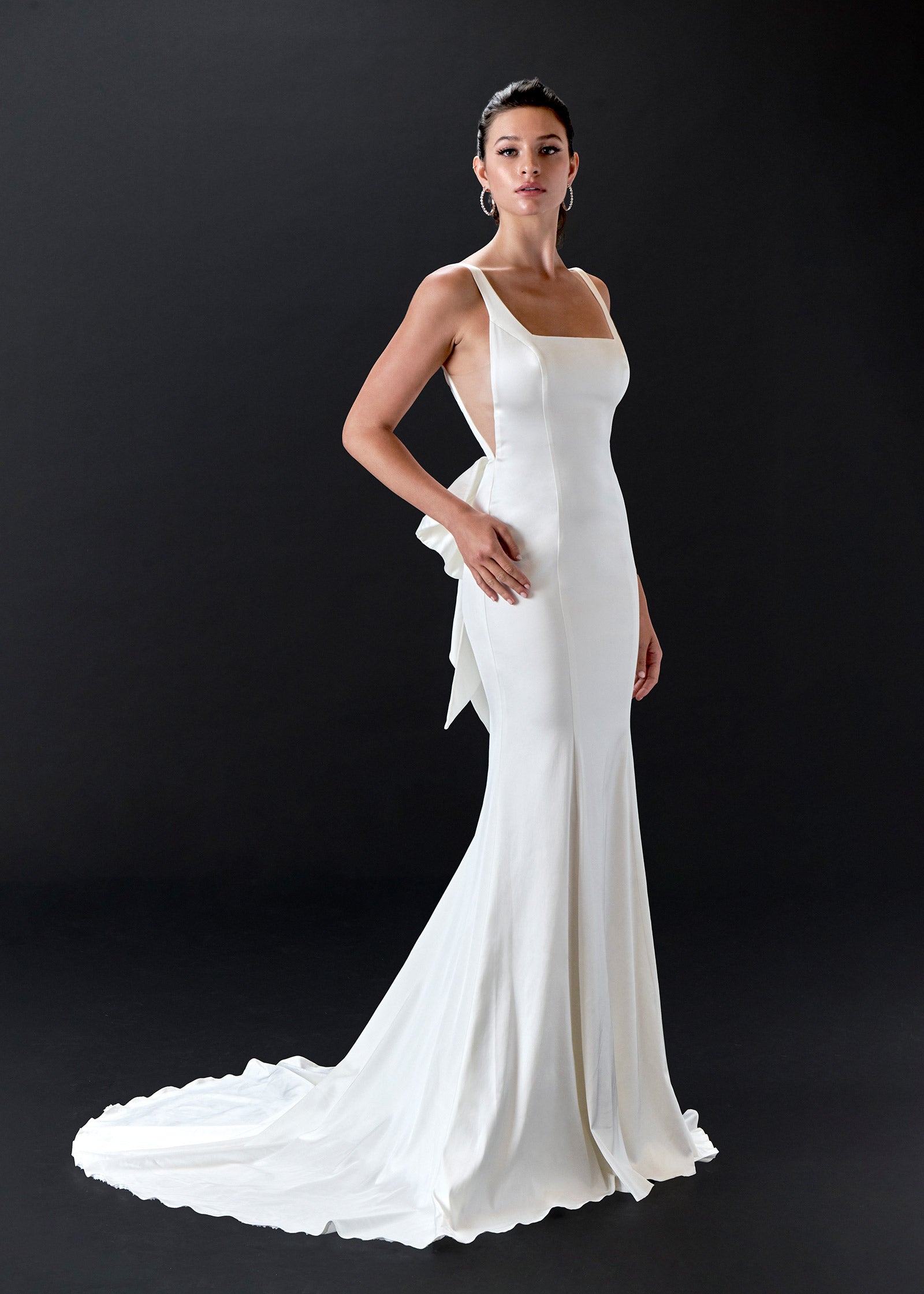 Satin Square-Neck Mermaid Wedding Dress with Scoop Back & Bow | Lotus Threads Bridal