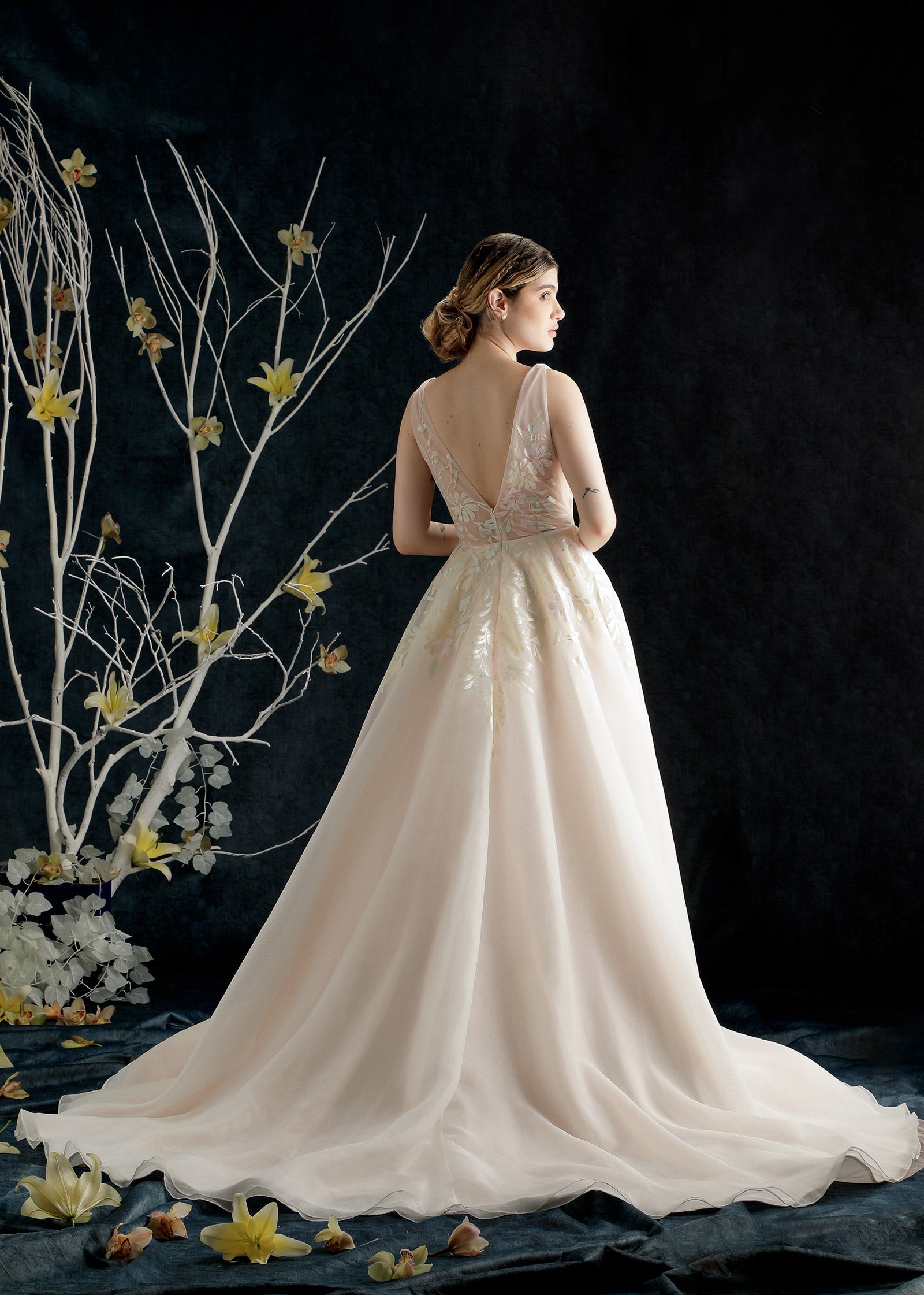 Deep V-neckline Organza Ball Gown with Hand-Painted Floral - Back