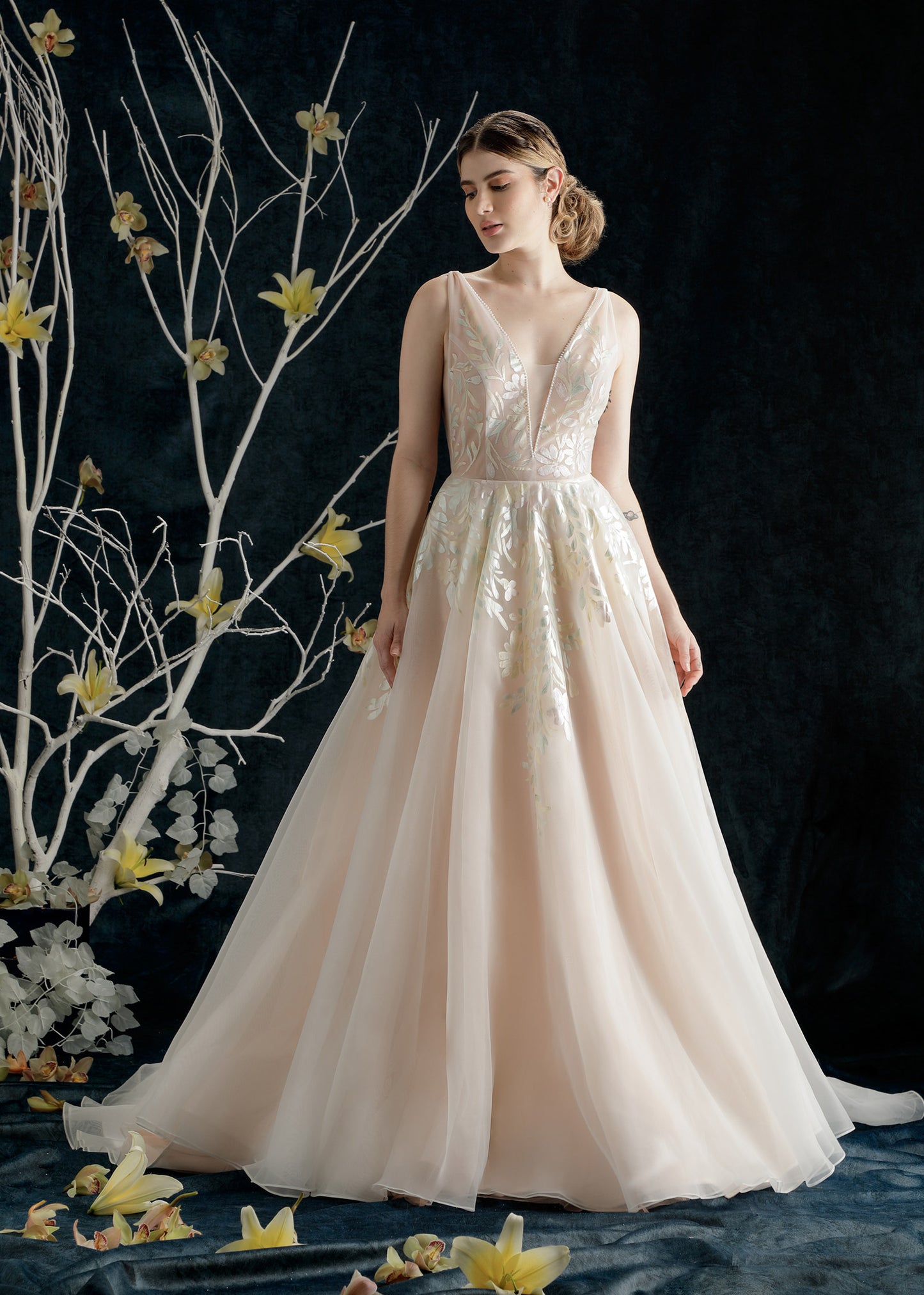 Deep V-neckline Organza Ball Gown with Hand-Painted Floral | Lotus Threads Bridal