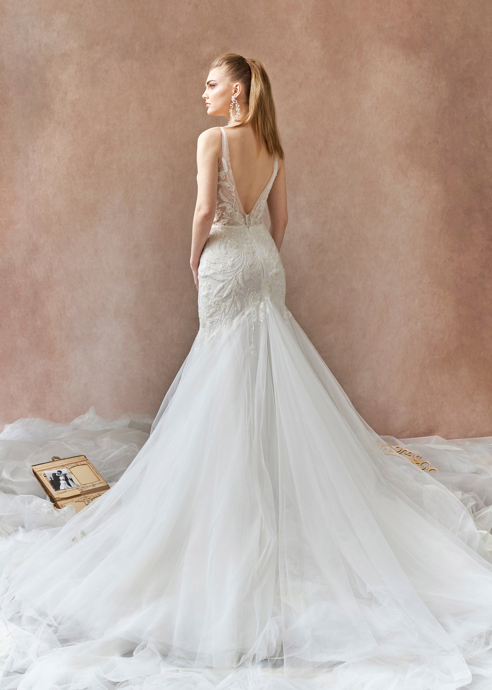 Fit and flare Wedding Dress with flowing tulle train - Back | Lotus Threads Bridal