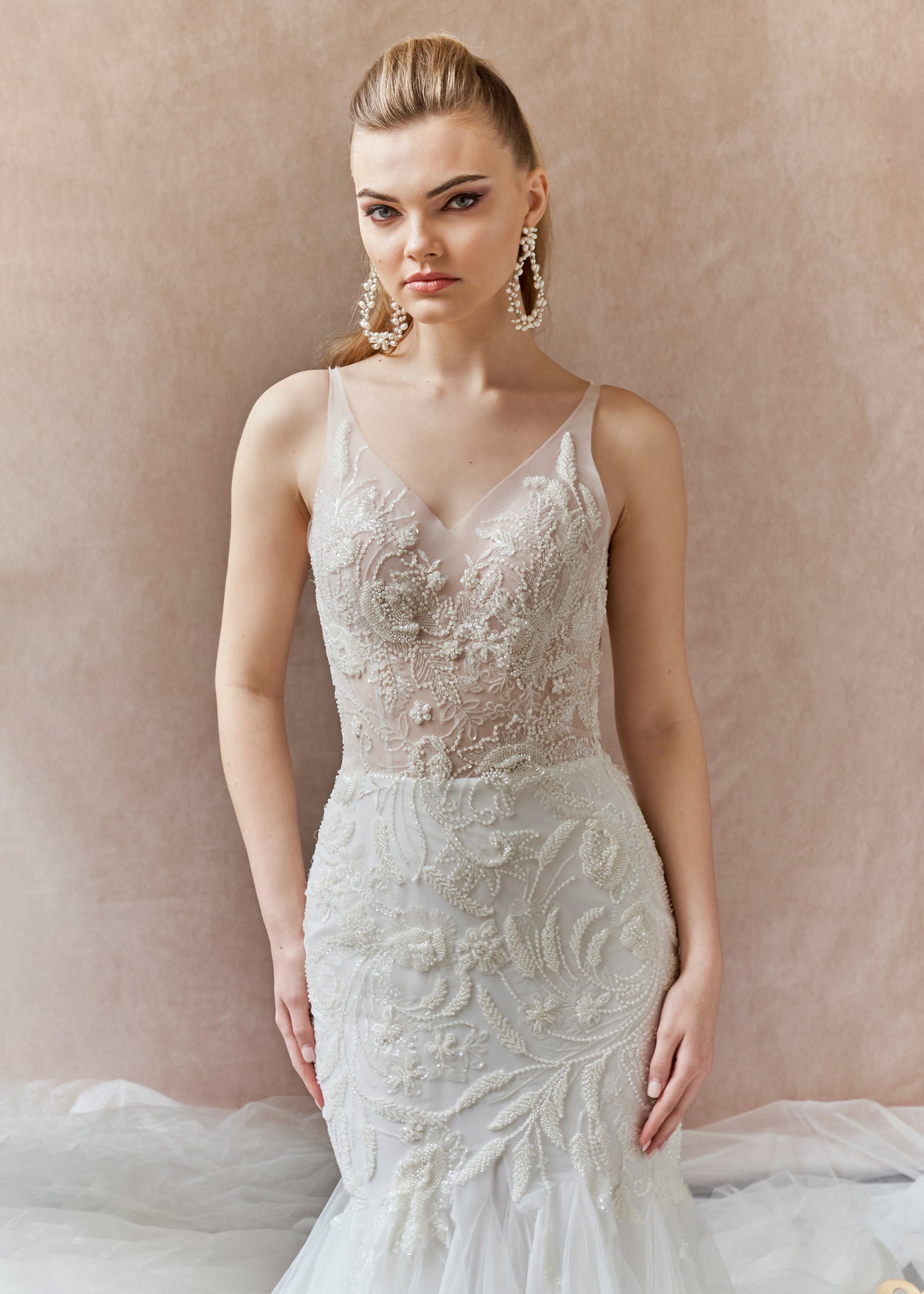 Fit and flare wedding gown with lace crystal applique - Closeup