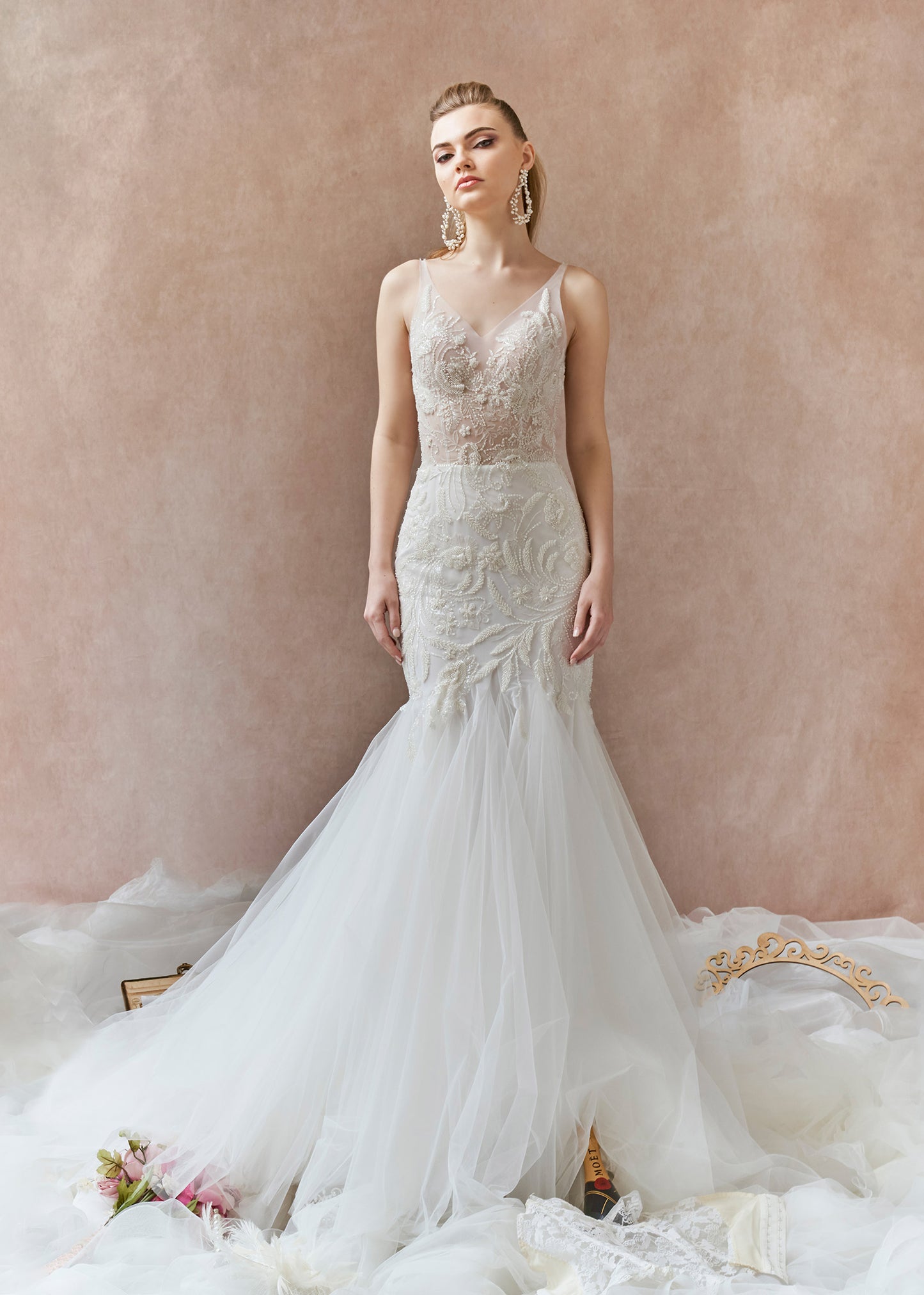 Fit and Flare Wedding Dress with Lace Crystal Appliqué Bodice