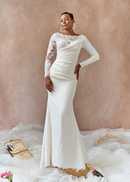 Crepe Mermaid Gown with Drape Detail and Lace Embellishments | Lotus Threads Bridal