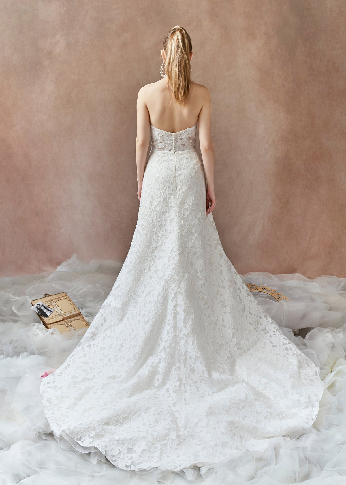 Thread Back Dress Strapless A-Line Wedding Dress with Floral Brocade Fabric – Lotus ...