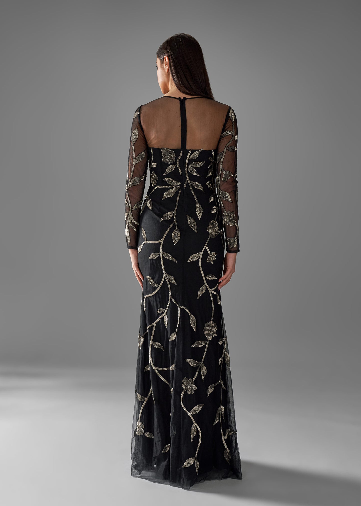 Elegant Long Sleeve Beaded Sheath Gown -back