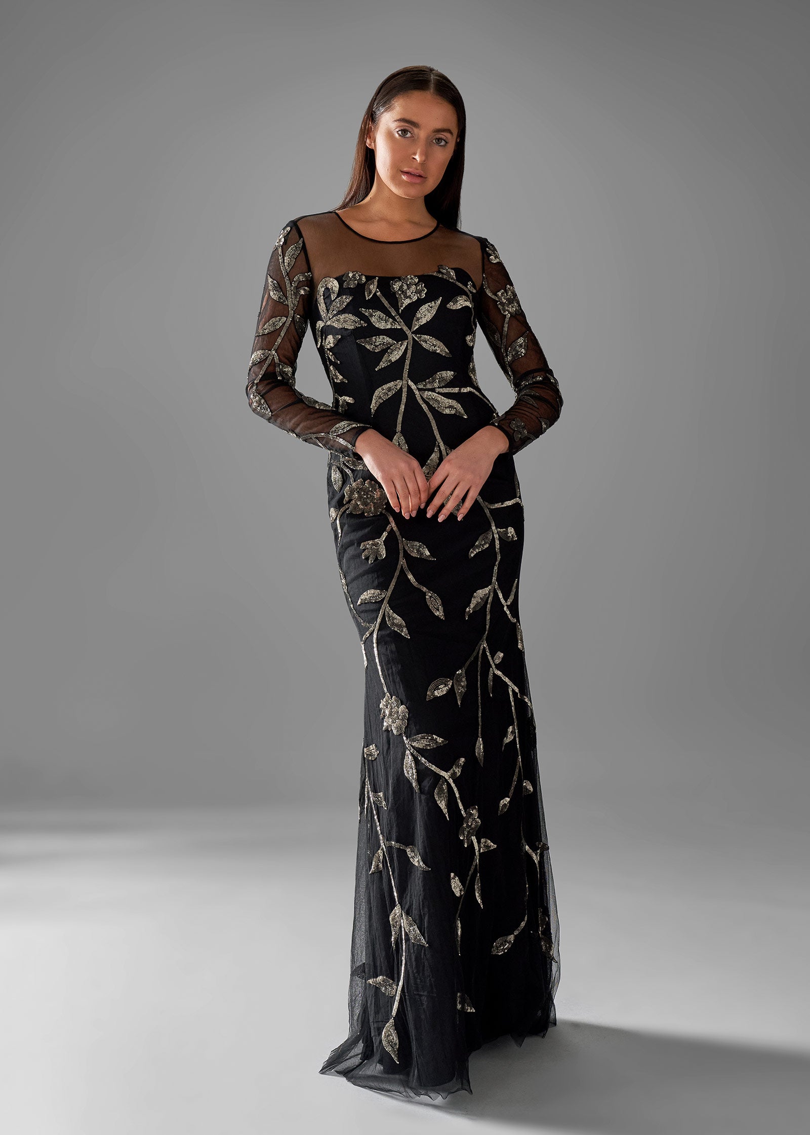 Elegant Long Sleeve Beaded Sheath Gown | Evening Gown | Lotus Threads