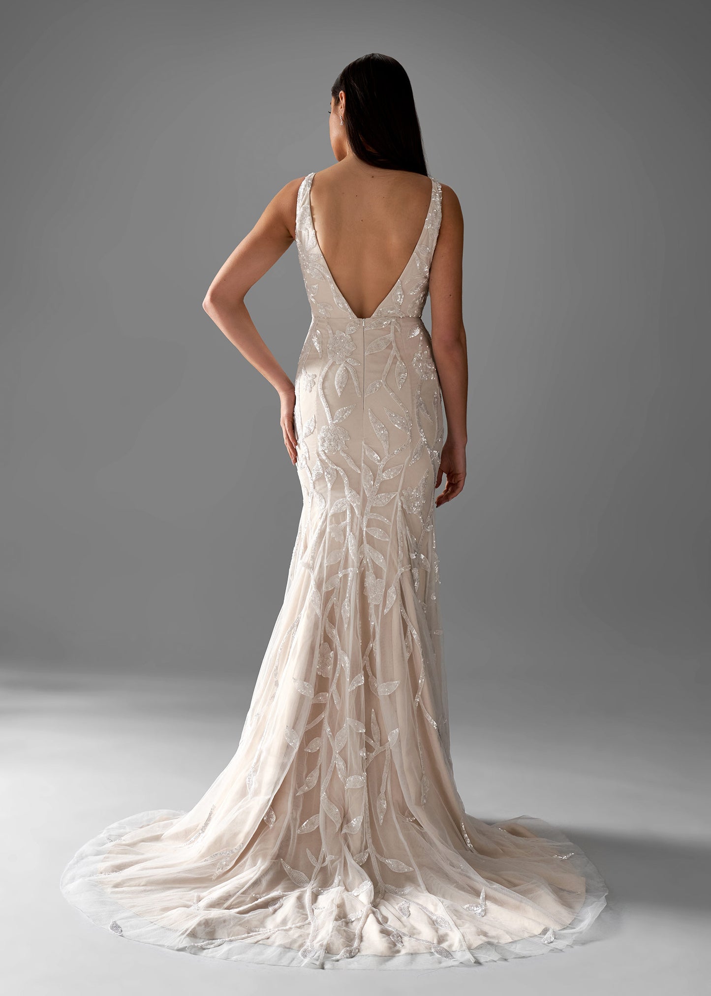 Beading Fit & Flare Gown with V-Neckline and Chapel Train