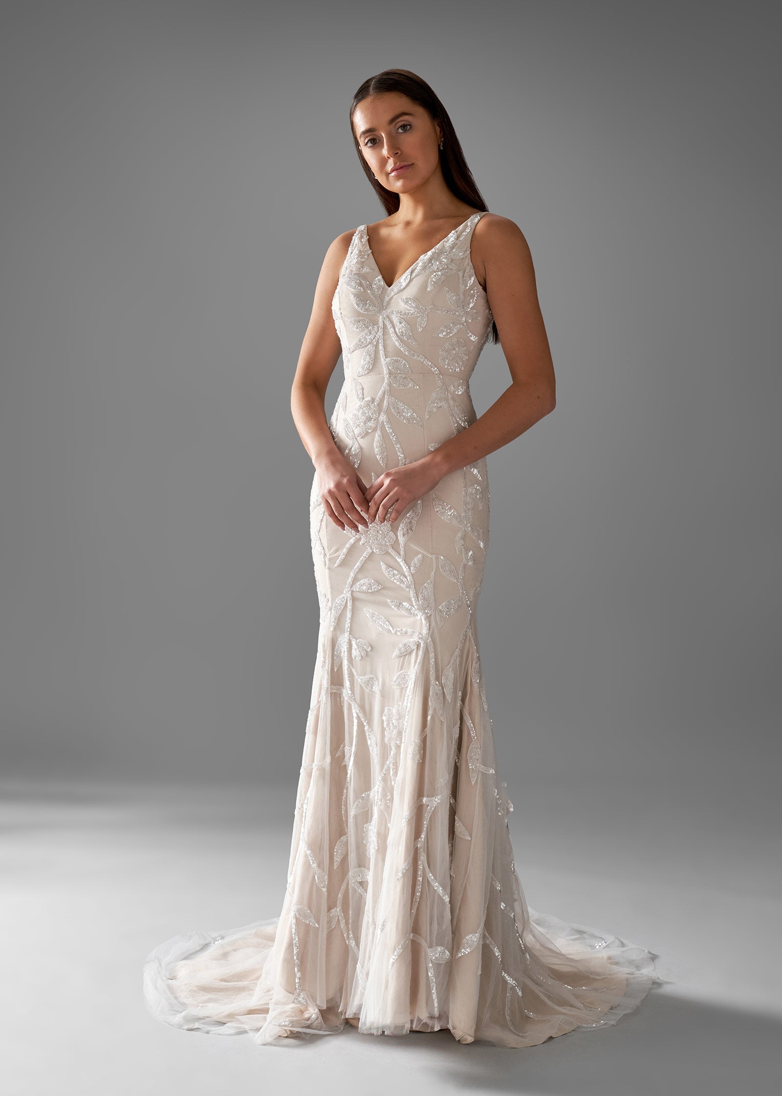 Beading Fit & Flare Gown with V-Neckline and Chapel Train | Evening Gown | Lotus Threads