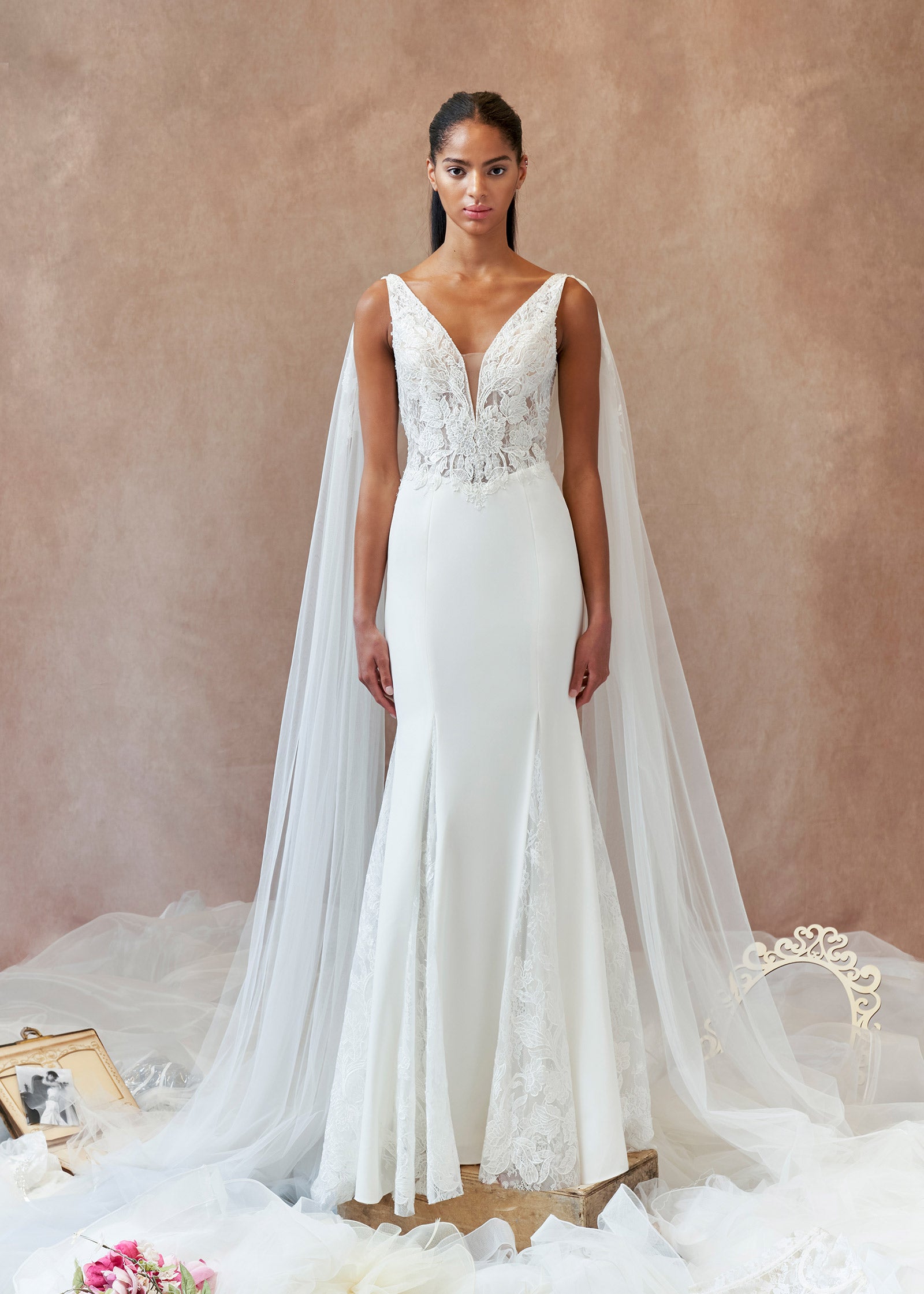 Fit and Flare Wedding Dress with Deep V-Plunge and Tulle Cape Sleeves | Lotus Threads Bridal