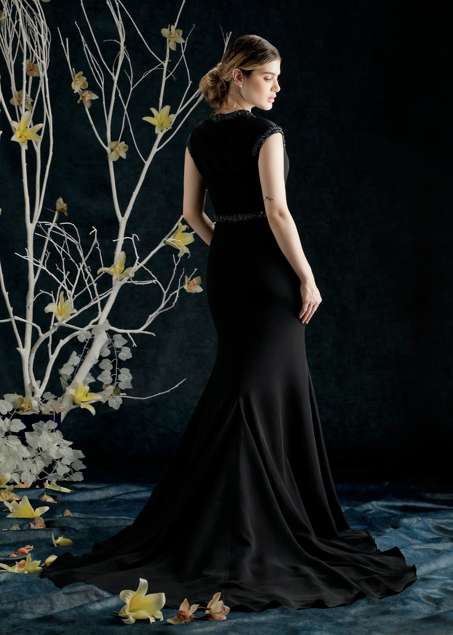 Elegant Crepe Mermaid Gown with Jewel Neckline | Black Evening Gown | Lotus Threads