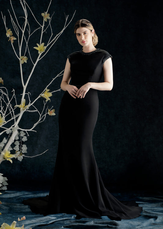 Elegant Crepe Mermaid Gown with Jewel Neckline | Black Evening Gown | Lotus Threads