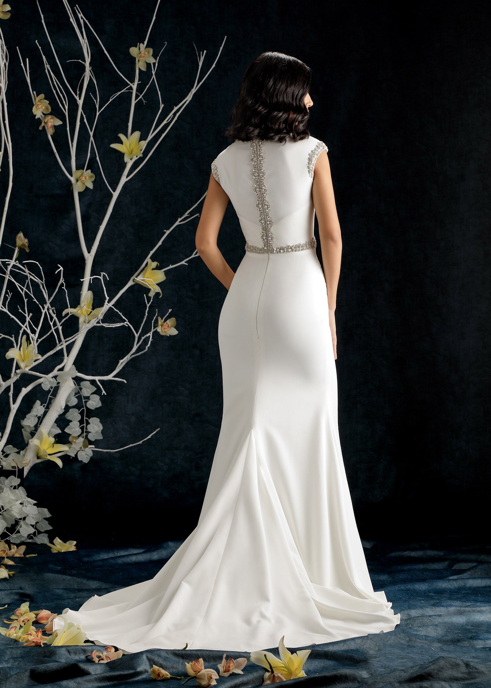 Euphorbia Crepe Mermaid Wedding Dress with Jewel Neckline - Back