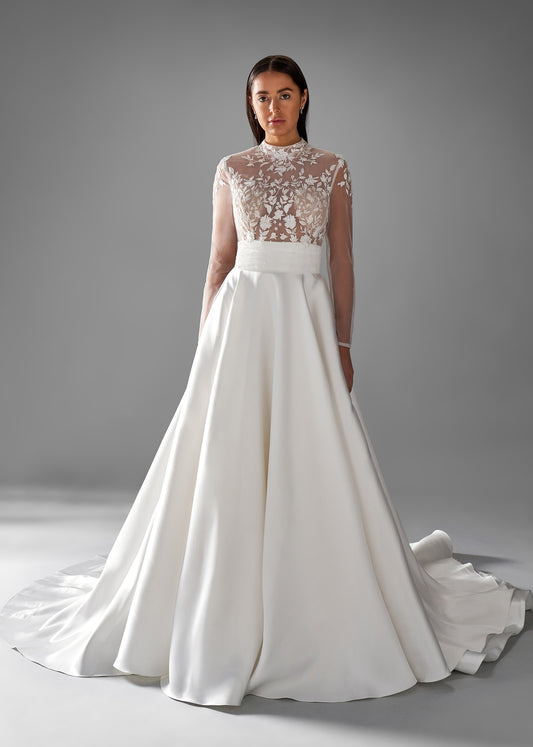 Long Sleeves Mock Neck Wedding Dress with A-line Skirt in Mercato | Lotus Threads Bridal