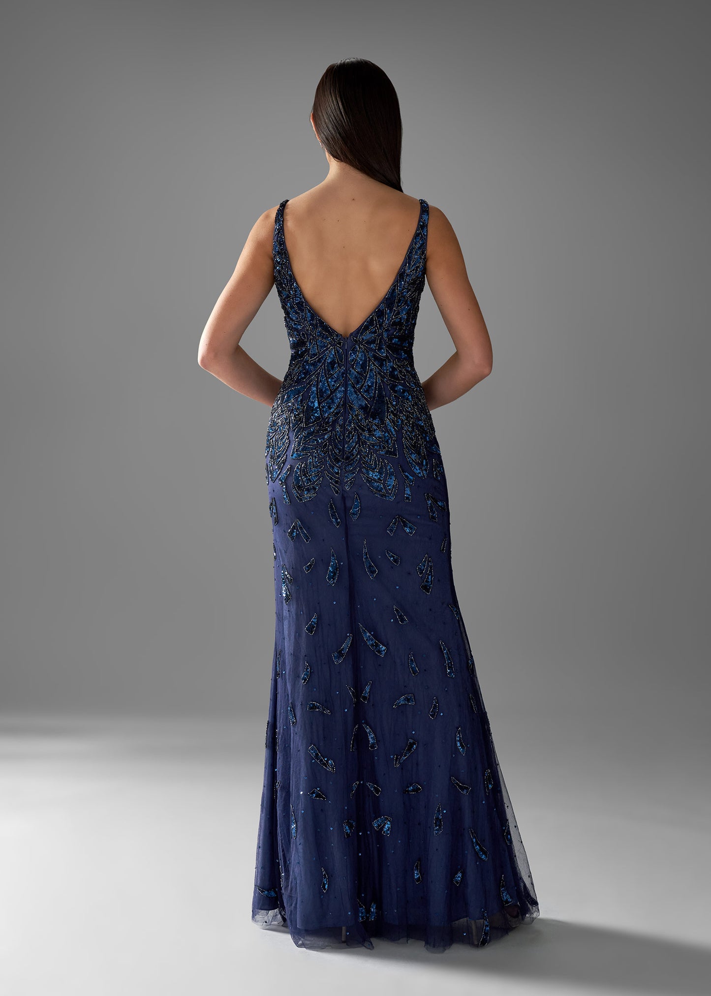 Geometric Hand-Beaded Sheath Gown with V-Neckline - back| Evening Gown | Lotus Threads