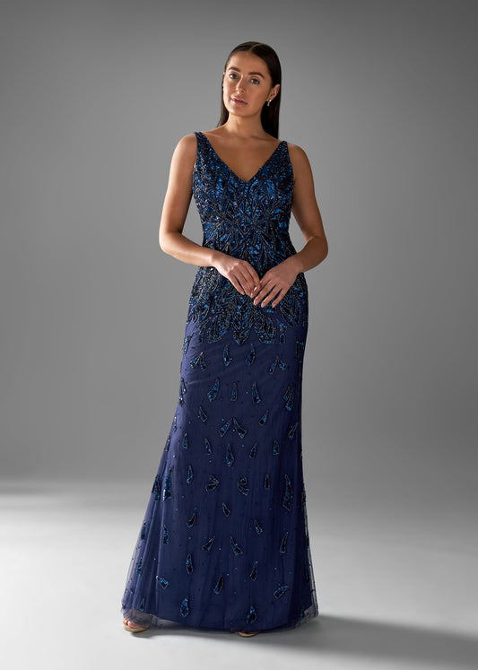 Geometric Hand-Beaded Sheath Gown with V-Neckline | Evening Gown | Lotus Threads