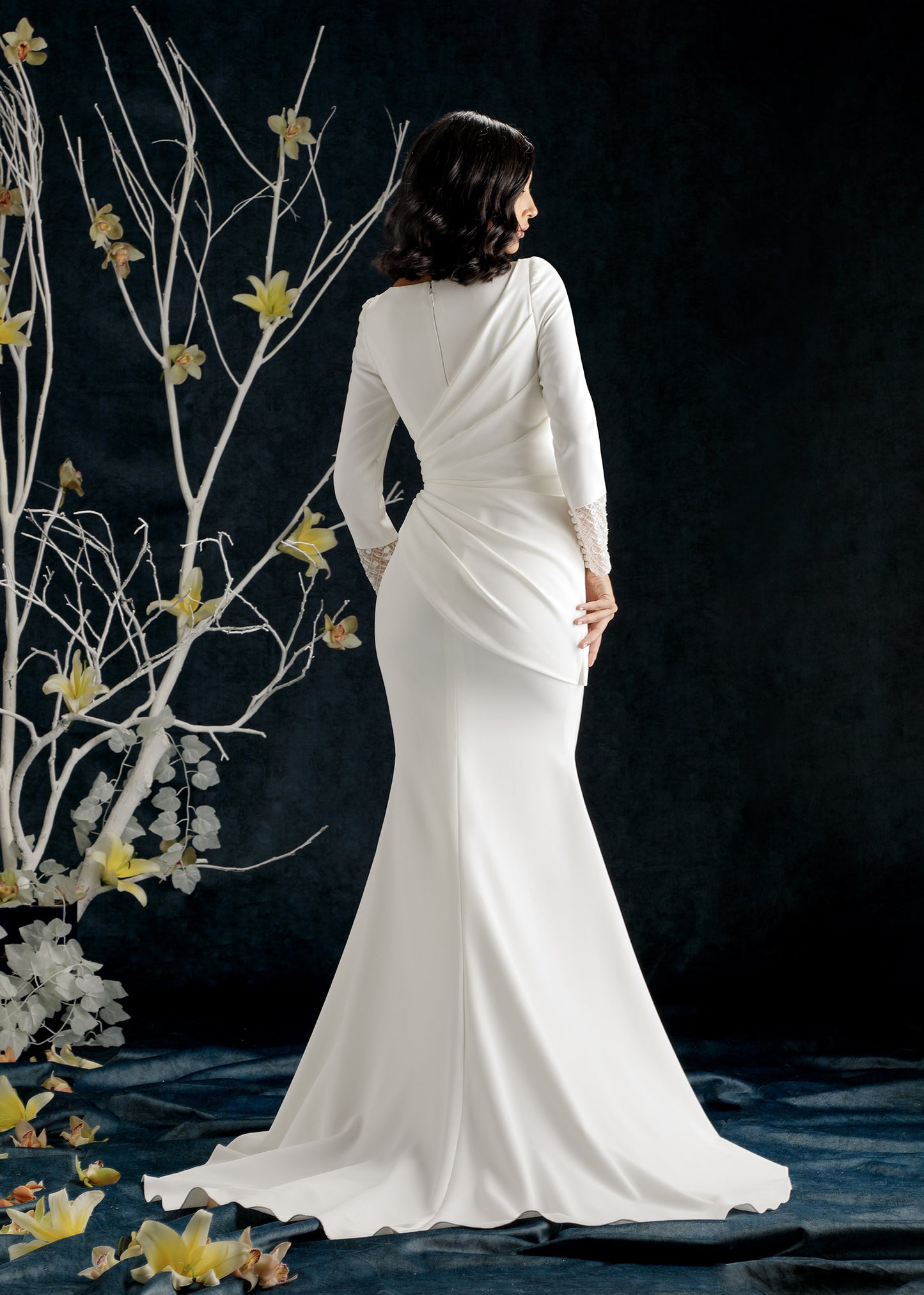 Crepe Mermaid Wedding Gown with Bateau Neckline and Beaded Cuffs - Back| Lotus Threads Bridal