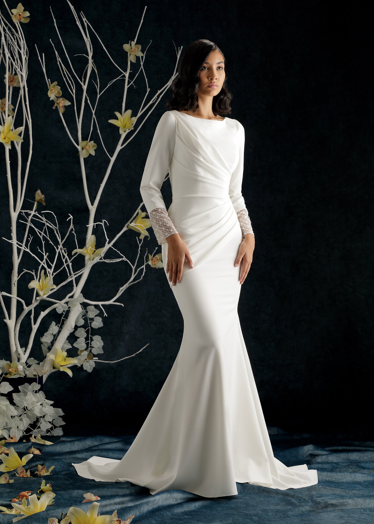 Crepe Mermaid Wedding Gown with Bateau Neckline and Beaded Cuffs | Lotus Threads Bridal